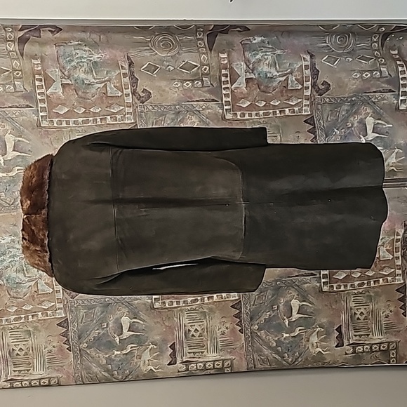 Vintage genuine leather suede lined fur collar long jacket coat  button closure - Picture 7 of 11